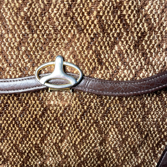 Vintage Chenille Corduroy Crossbody Purse Lock Buckle Leather Mod Retro Mob Wife - Picture 12 of 16